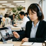動画マニュアルを視聴する若い女性