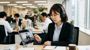 動画マニュアルを視聴する若い女性