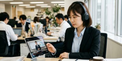 動画マニュアルを視聴する若い女性