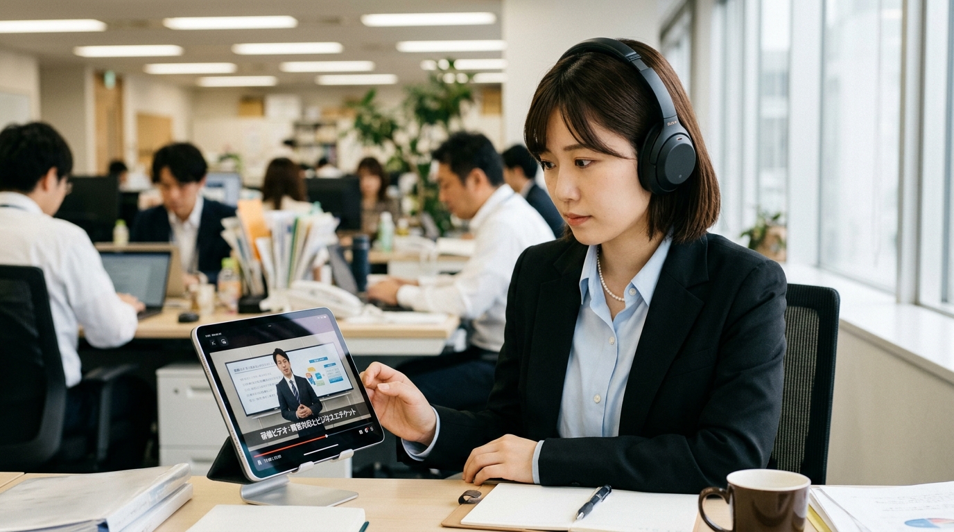 動画マニュアルを視聴する若い女性