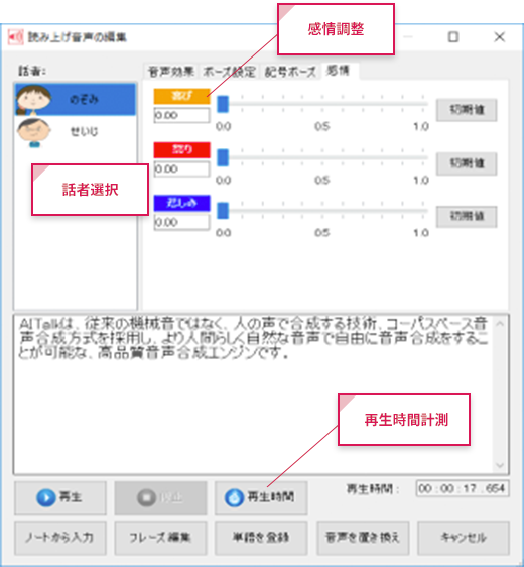 感情調整、話者選択、再生時間計測